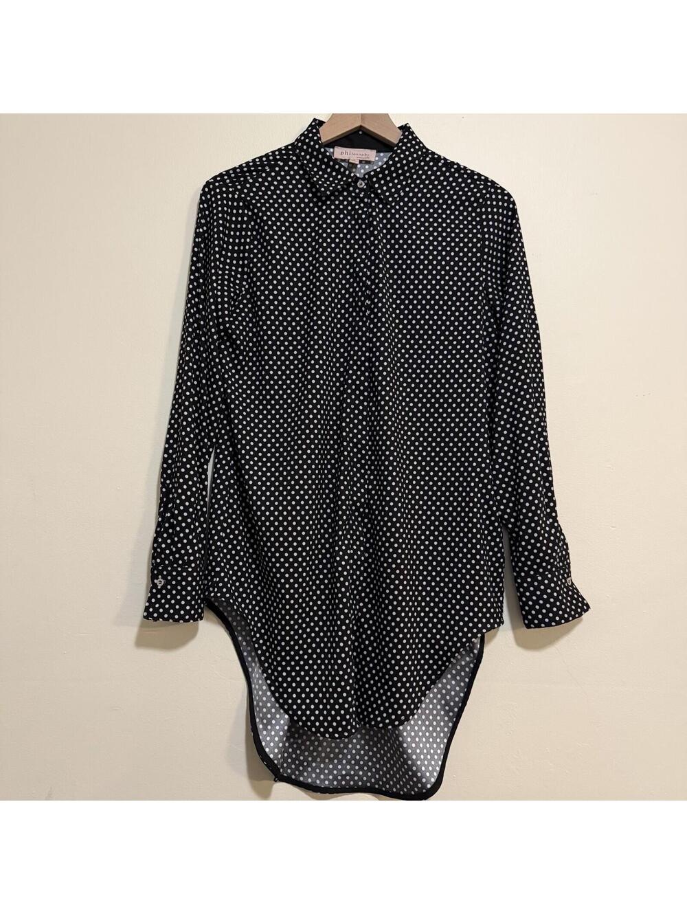 Philosophy PolkaDot Hi-Lo Tunic SZ:Small Long Sleeve Bottom Up Silk Dress Blouse
